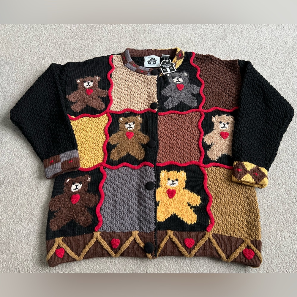 NWT Storybook Knits M Heart Teddy Bear Sweater Cardigan Valentines